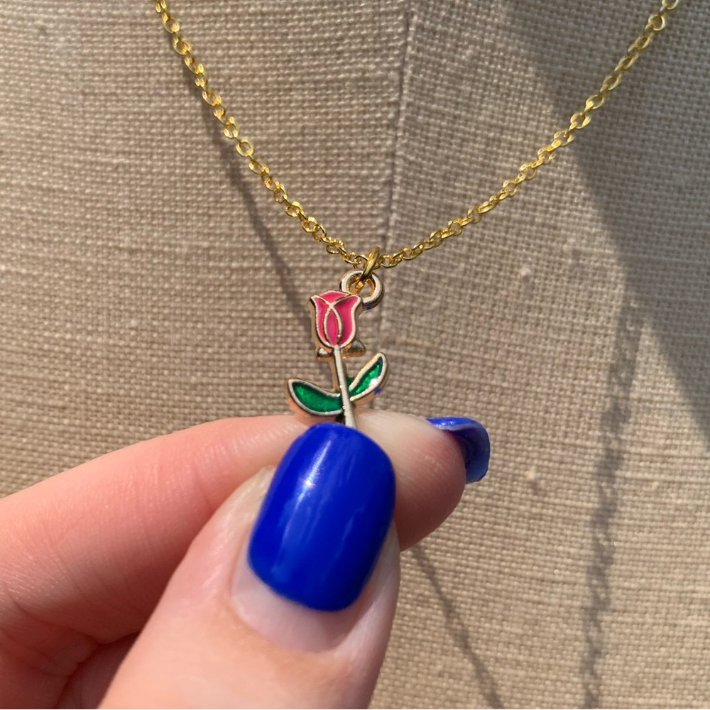 NWT Sterling Silver Plated Chain, Enamel Rose Flower Alloy Charm Neckkace - Picture 13 of 15